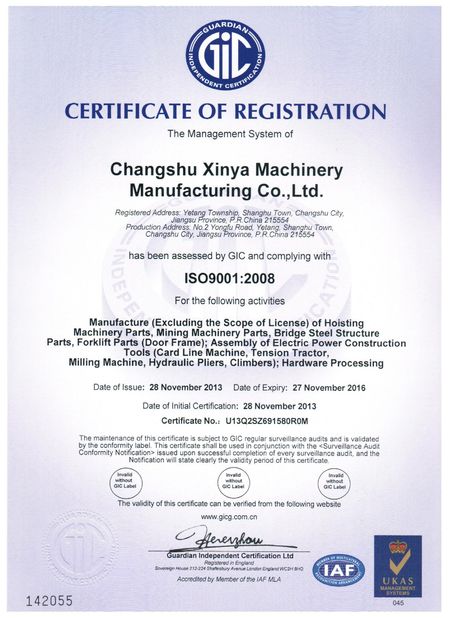 China Changshu Xinya Machinery Manufacturing Co., Ltd. Certificações